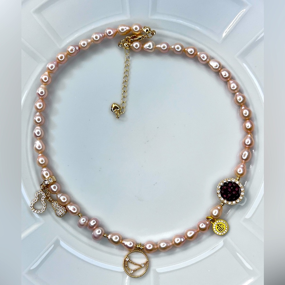 Handmade Freshwater Pearl Garnet Gemstone 💎 Pendant Adjustable Necklace